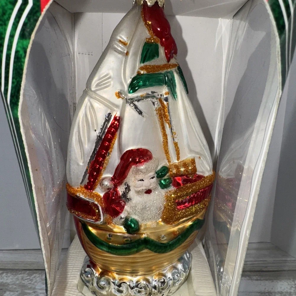 Vintage Santa's Best Blown Glass Christmas Ornament Nautical Santa boat 6.5